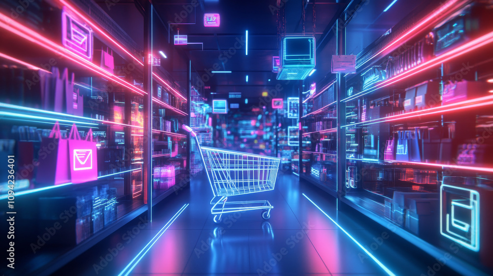 A futuristic online store is shown with bright lights, shopping bags, and a cart. It represents online shopping and technology. A futuristic online store is shown with bright lights, shopping bags, and a cart. It represents online shopping and technology.