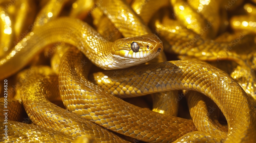 Obraz premium Abstract background with tangled golden snakes, shiny metallic scales texture, unique background for new 2025 year
