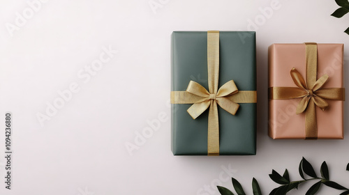 Elegant gift boxes with gold ribbons on minimalist background