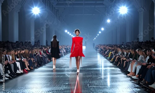 Fashion designers showcase their latest collection on the runway in a vibrant red dress under bright lights