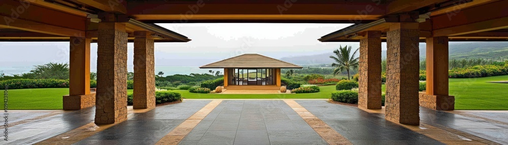A serene view of a landscaped area leading to a modern building amidst greenery. A serene view of a landscaped area leading to a modern building amidst greenery.