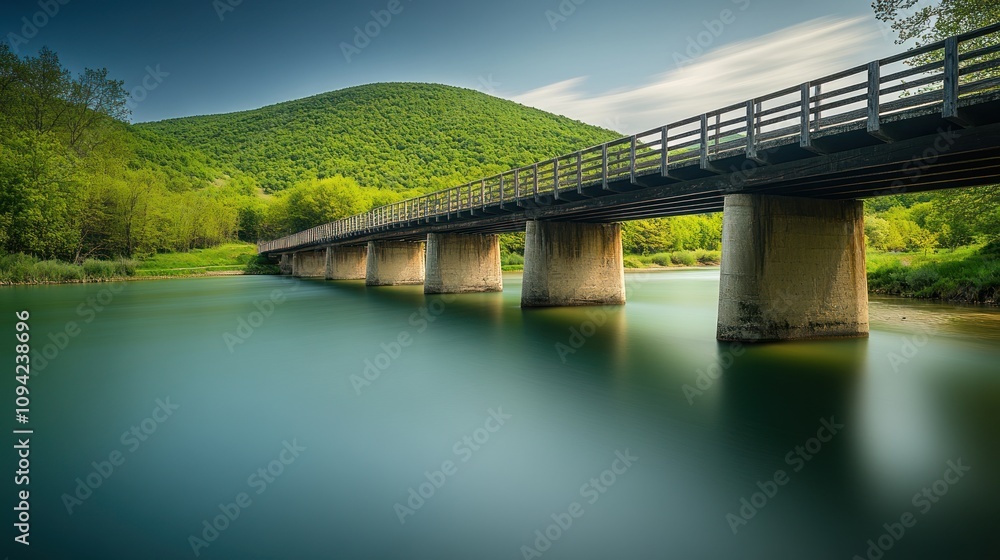 Fototapeta premium A serene bridge over a calm river, surrounded by lush green hills.