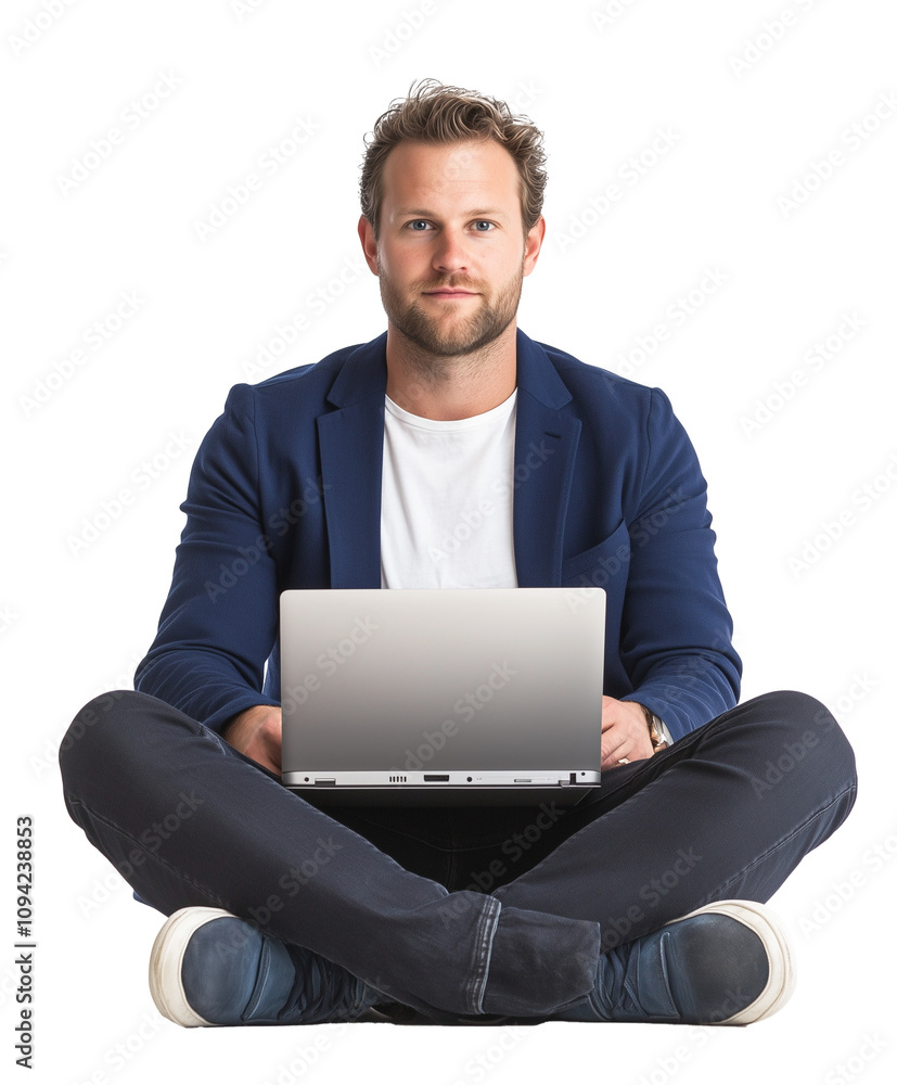 Young man sitting cross-legged with laptop in a modern workspace while focusing on his work Young man sitting cross-legged with laptop in a modern workspace while focusing on his work