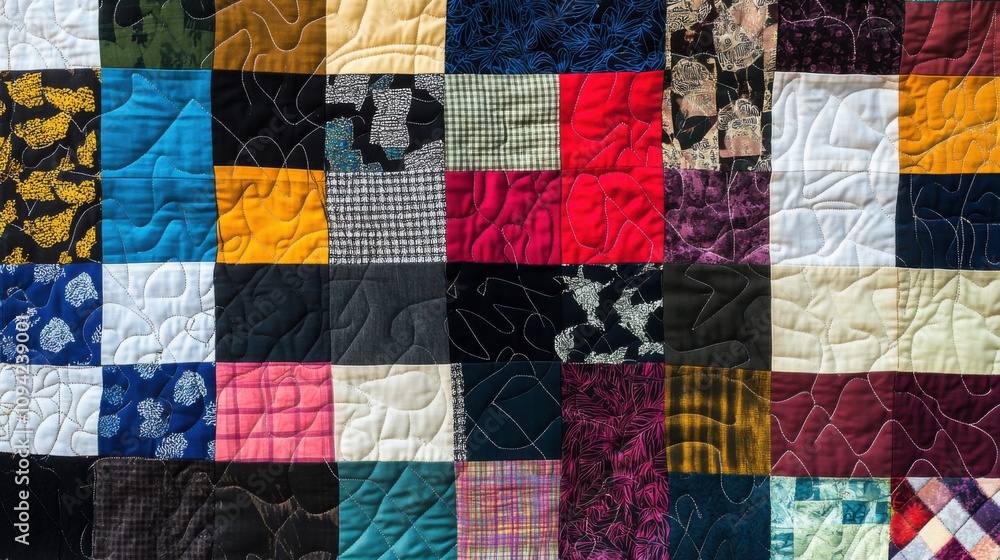 A quilt made from patches of various colors and patterns, Symbolizing the unity of diverse experiences, minimalist composition A quilt made from patches of various colors and patterns, Symbolizing the unity of diverse experiences, minimalist composition