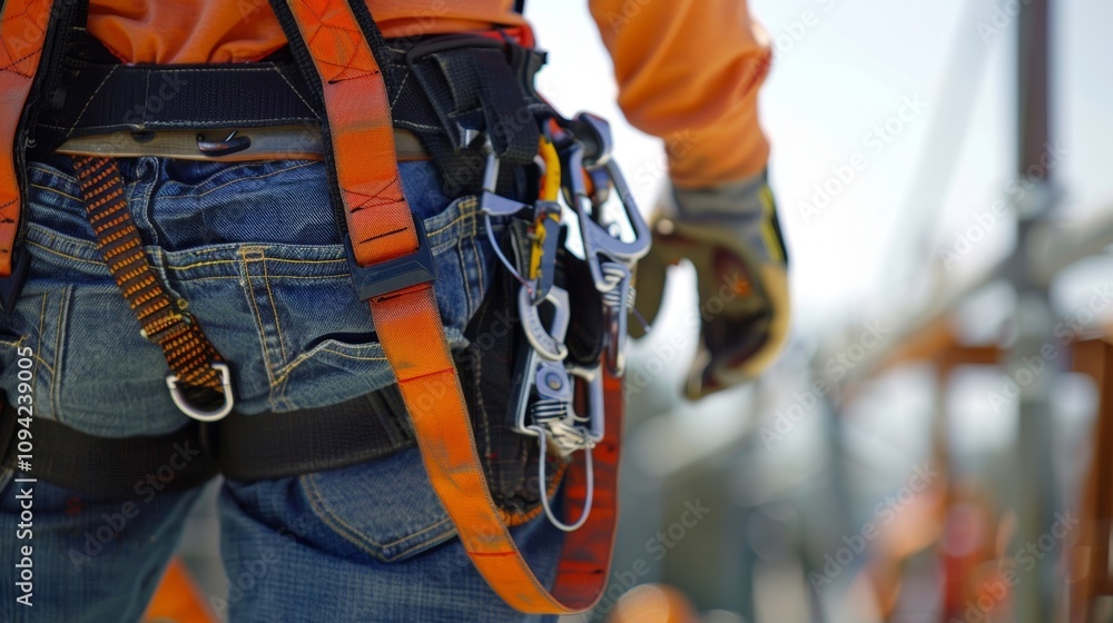 A worker demonstrates the proper use of a safety harness as part of a fall protection drill ensuring all workers are equipped with necessary gear. A worker demonstrates the proper use of a safety harness as part of a fall protection drill ensuring all workers are equipped with necessary gear.