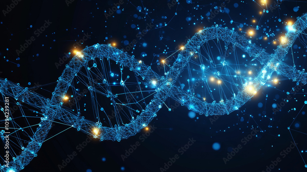 A futuristic image of DNA uses simple 3D shapes. It shows progress in genetics, biotechnology, and medicine. A futuristic image of DNA uses simple 3D shapes. It shows progress in genetics, biotechnology, and medicine.