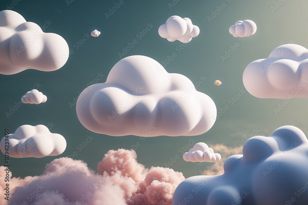 Whimsical Fluffy 3D Render of Playful Cloud Shapes Whimsical Fluffy 3D Render of Playful Cloud Shapes