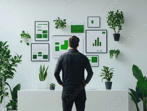 Innovative financial advisory presentation setup modern office visual data display greenery-infused environment perspective on data-driven insights