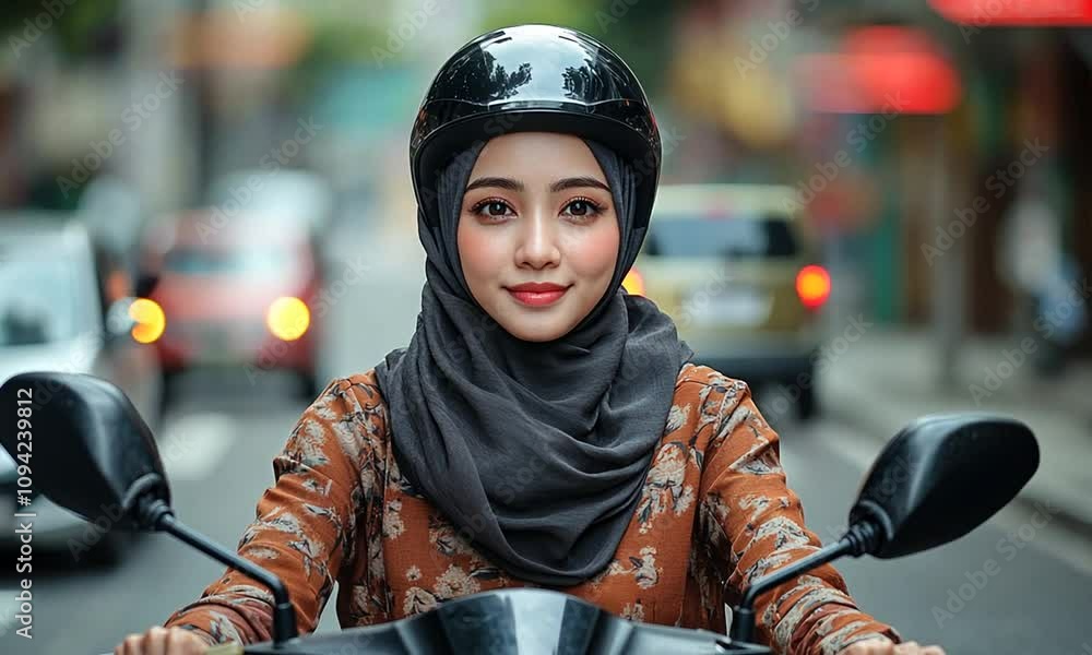 A woman in a helmet riding a scooter on a busy street. A woman in a helmet riding a scooter on a busy street.