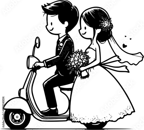 romantic scooter, romantic couple in wedding car, bride and groom on bicycle, romantic newlyweds riding a vintage bike, honeymoon couple motorcycle, love carriage, wedding scooter, love scooter