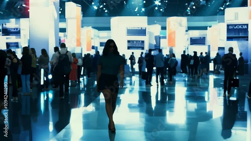 Crowd explores innovative technology exhibits at a large conference in a modern venue during a bustling event