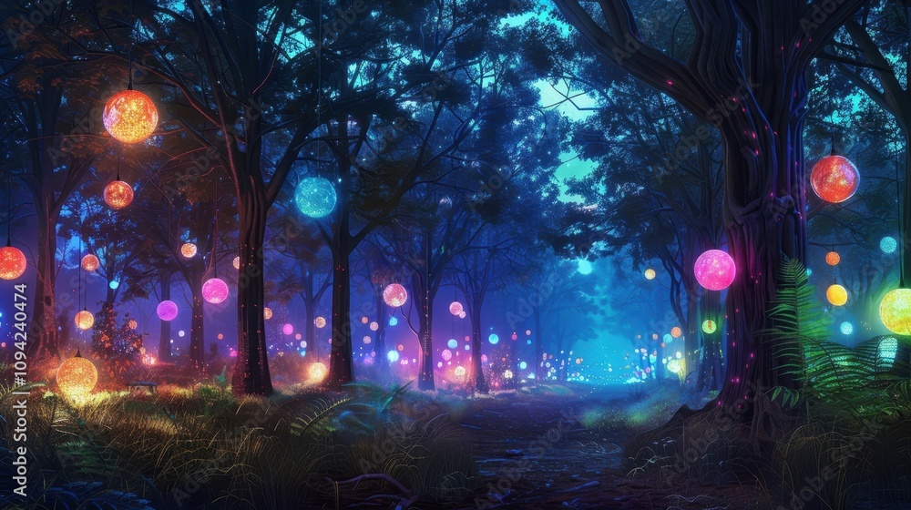 The trees in the Electric Forest are adorned with colorful glowing orbs that constantly change color and emit a soft humming sound. The trees in the Electric Forest are adorned with colorful glowing orbs that constantly change color and emit a soft humming sound.