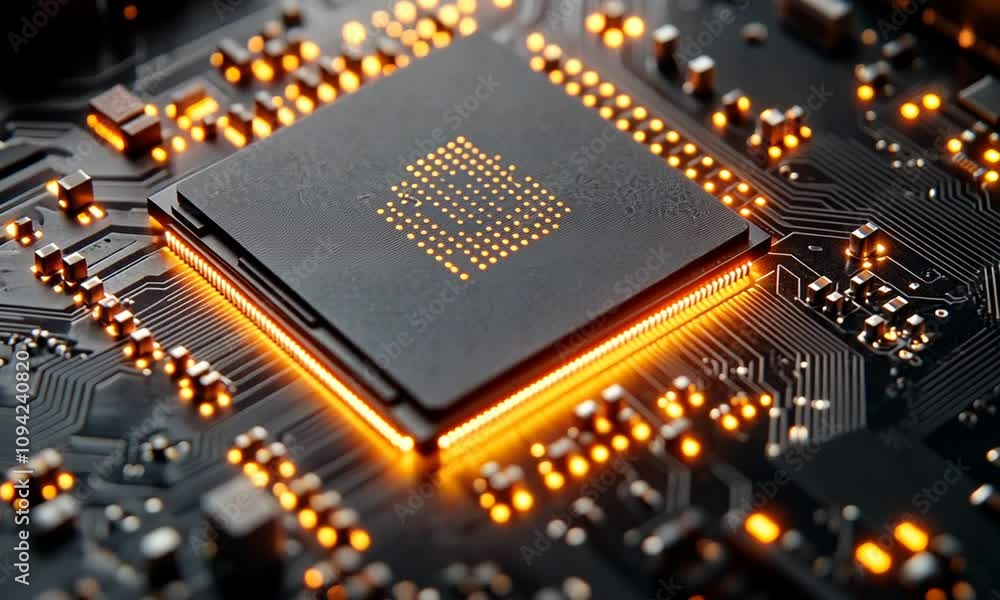 Close-up of a computer circuit board with glowing components. Close-up of a computer circuit board with glowing components.