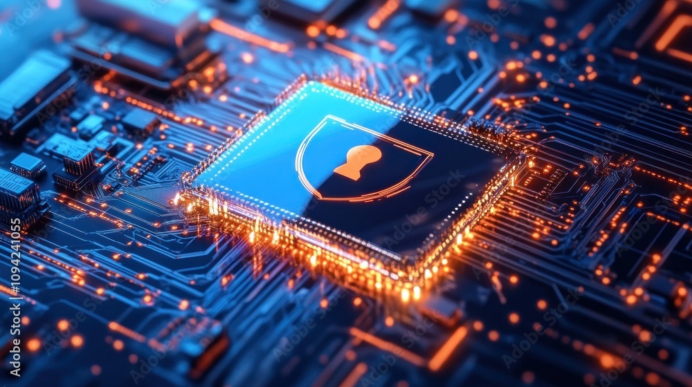Cybersecurity: Digital Shield on Circuit Board Cybersecurity: Digital Shield on Circuit Board