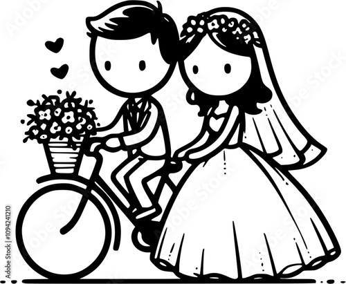 Just married couple in wedding car, bride and groom on bicycle, romantic newlyweds riding a vintage car, wedding tandem bike, honeymoon couple cycling, love carriage,wedding, classic car,romantic ride