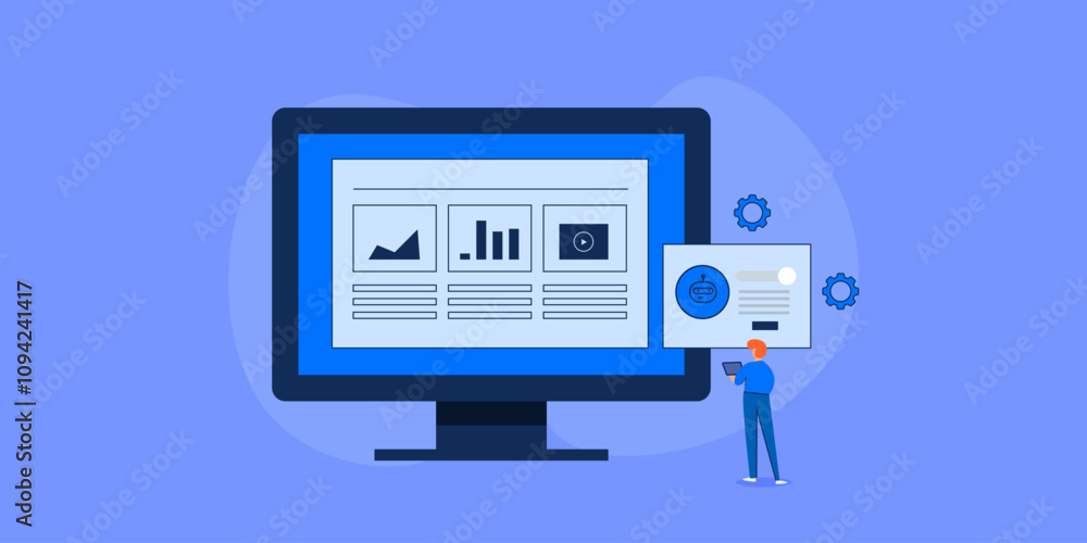 Businessman managing website with the help of artificial intelligence virtual assistant. Businessman managing website with the help of artificial intelligence virtual assistant.