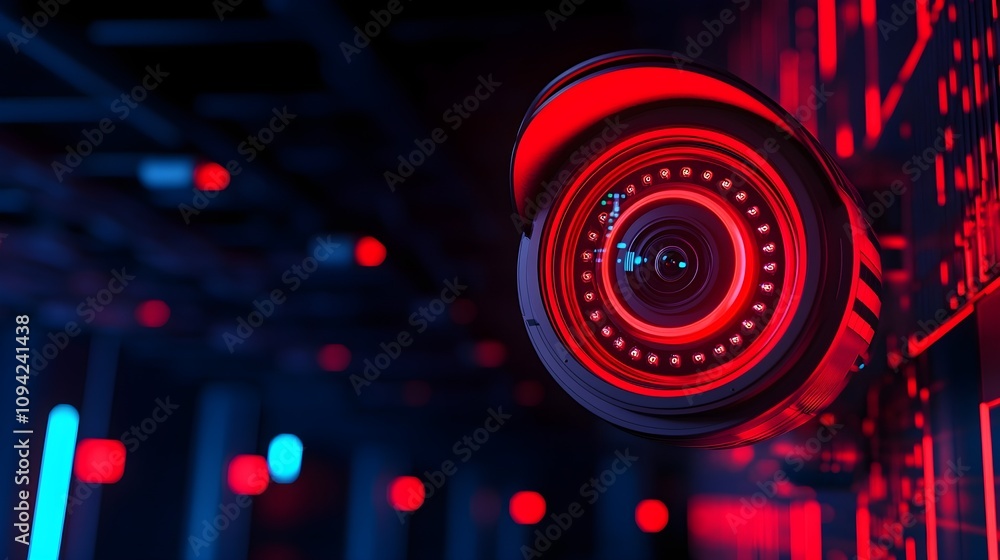 Obraz premium Red Security Camera Close Up Futuristic Technology