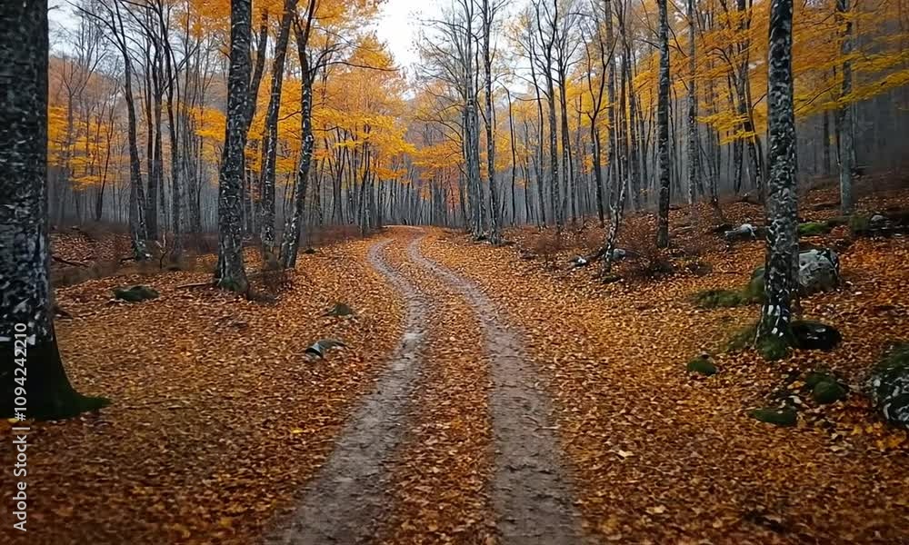 Serene autumn forest path with vibrant orange leaves. Serene autumn forest path with vibrant orange leaves.