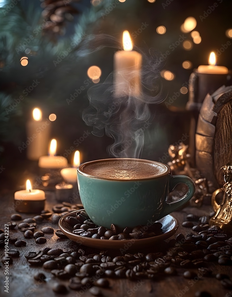 Warm and Inviting Coffee Cup Surrounded by Candles and Coffee Beans in a Cozy Setting, Perfect for Autumn and Winter Themes, Relaxation and Lifestyle Concepts Warm and Inviting Coffee Cup Surrounded by Candles and Coffee Beans in a Cozy Setting, Perfect for Autumn and Winter Themes, Relaxation and Lifestyle Concepts
