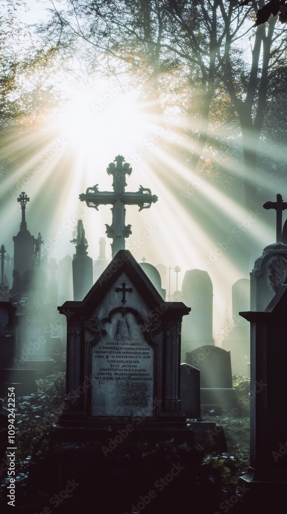 Fototapeta premium A misty graveyard scene with sun rays filtering through trees, highlighting tombstones and crosses.