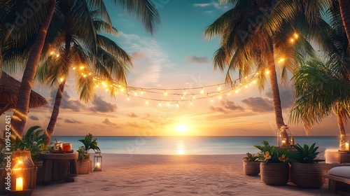 Serene Beach Sunset with Lush Palm Trees, Twinkling Lights, and Warm Tropical Vibes, Ideal for Relaxation and Vacation Themes in Stock Photography