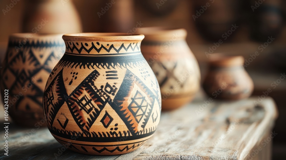 Close-up of intricately designed pottery on a rustic table, showcasing texture and craft Close-up of intricately designed pottery on a rustic table, showcasing texture and craft