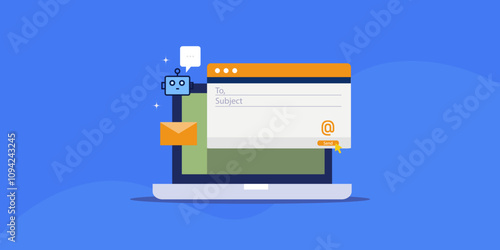 Email automation, artificial intelligence connected with electronic mail dashboard interface, conceptual illustration vector.