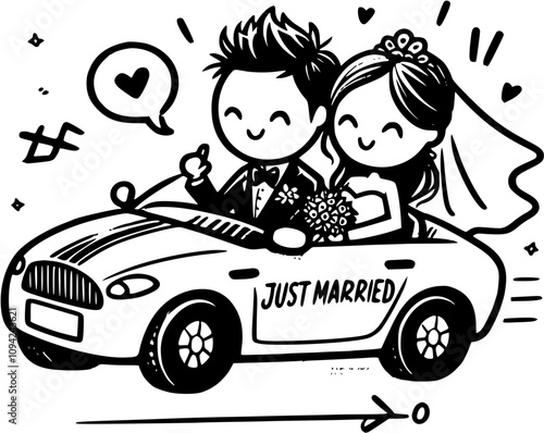 Just Married Car and Wedding Vehicles – Bride and Groom Getaway, Newlywed Road Trip, Vintage Wedding Car, Romantic Honeymoon Ride, Funny Newlywed Scooter and car illustrations