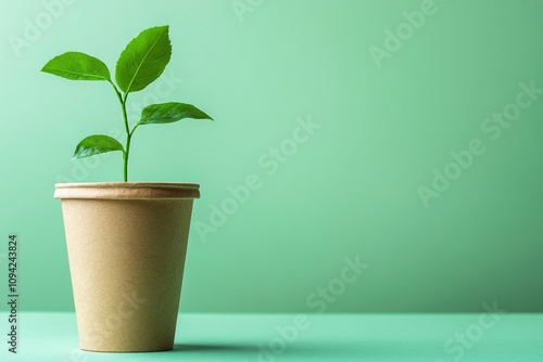 A small green plant growing in a biodegradable pot against a soft green background.