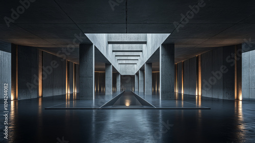 A dark, futuristic hall with concrete and metal.  The 3D image shows a wide, panoramic view with unusual lighting. photo