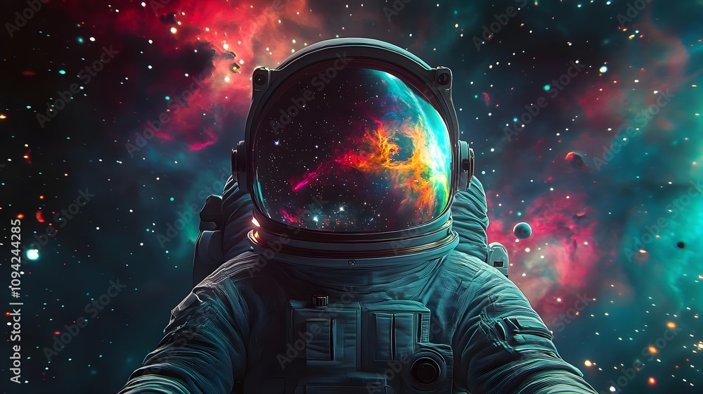 An Astronaut in Deep Space Surrounded by Cosmic Nebulae and Stars, Gazing into the Infinite Universe Beyond the Glass of the Helmet An Astronaut in Deep Space Surrounded by Cosmic Nebulae and Stars, Gazing into the Infinite Universe Beyond the Glass of the Helmet