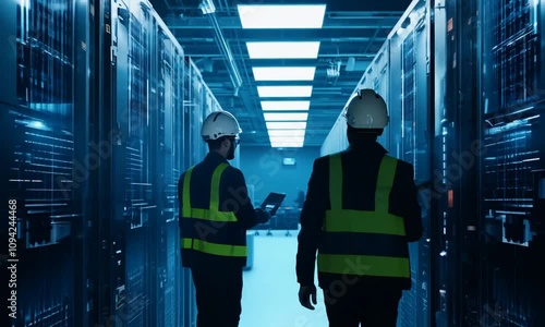 Engineers perform critical maintenance in a high-tech data center at night