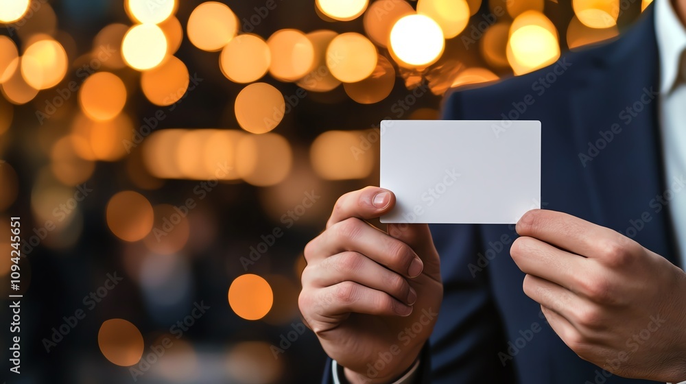 Businessman holding blank card in focus lights.