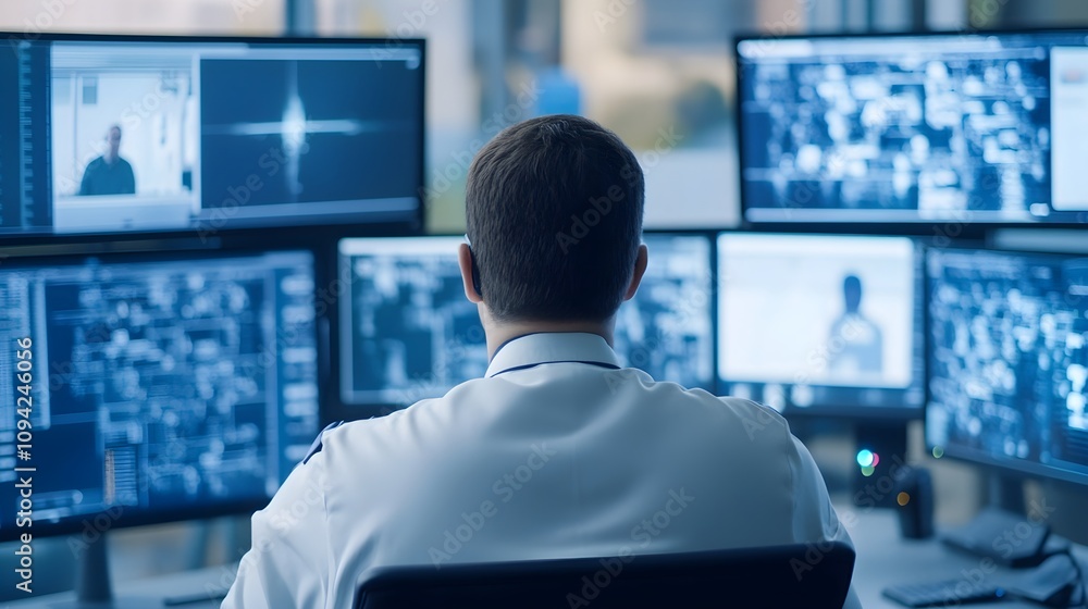 Security Operator Monitoring Multiple Screens Security Operator Monitoring Multiple Screens