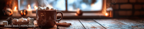 Cozy winter cafe ambiance with hot chocolate and marshmallows by a candlelit window