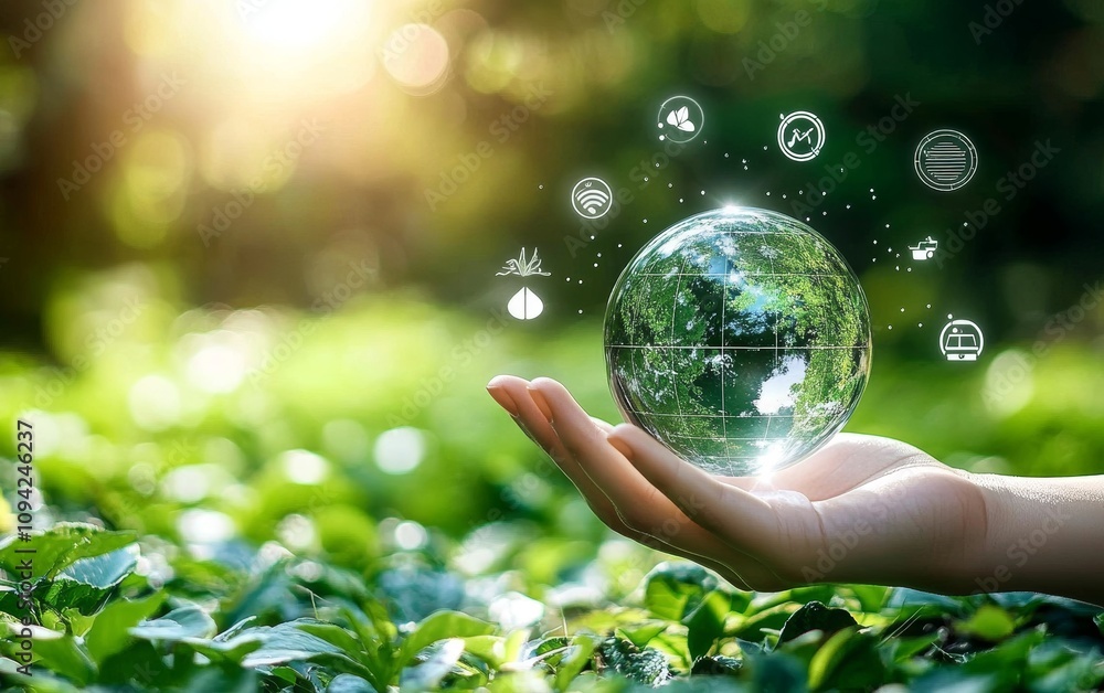 Sustainable Technology and Environmental Innovation for Global Sustainability with Hands Cradling a Glowing Globe in a Green Garden Sustainable Technology and Environmental Innovation for Global Sustainability with Hands Cradling a Glowing Globe in a Green Garden