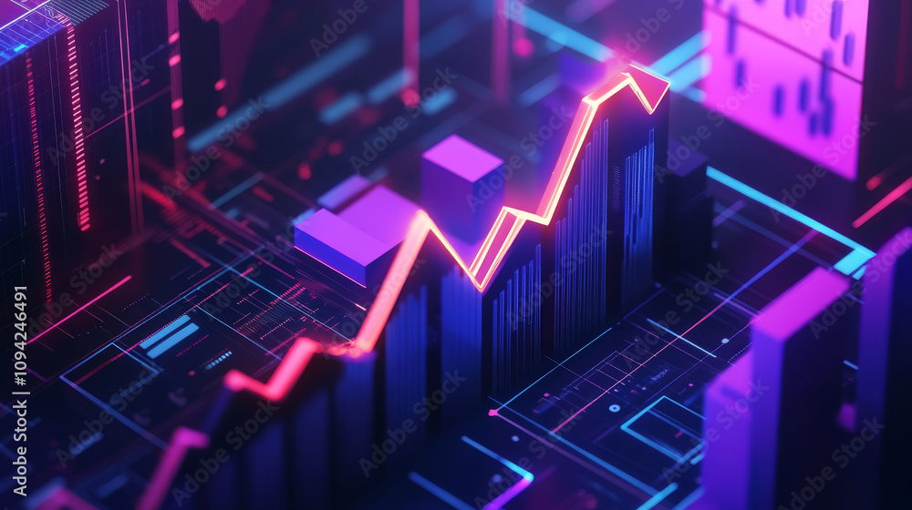 Digital finance is booming. The design shows a rising arrow above graphs and charts, representing progress in online financial analysis. Digital finance is booming. The design shows a rising arrow above graphs and charts, representing progress in online financial analysis.