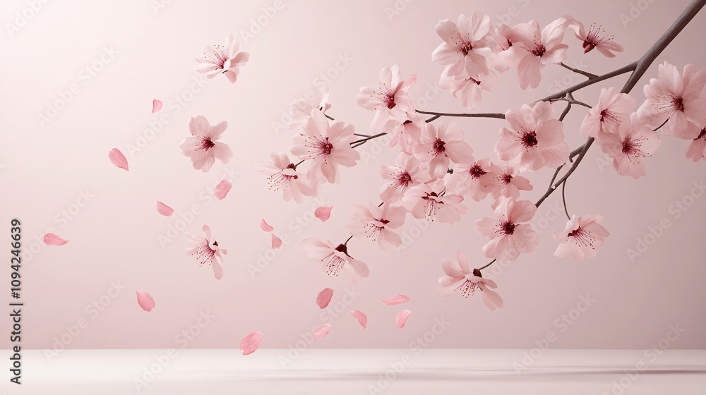 Fototapeta premium Blossoming Cherry Blossom Branch in 3D Render on Neutral Background with Falling Petals