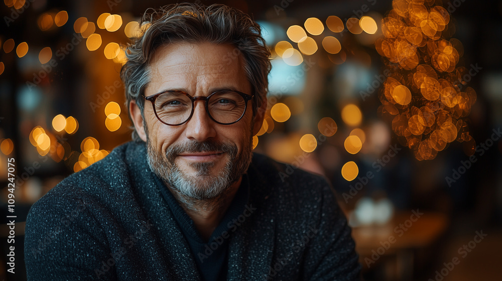 A man wearing glasses stands against a background of bokeh lights, creating a festive and atmospheric holiday vibe. A man wearing glasses stands against a background of bokeh lights, creating a festive and atmospheric holiday vibe.