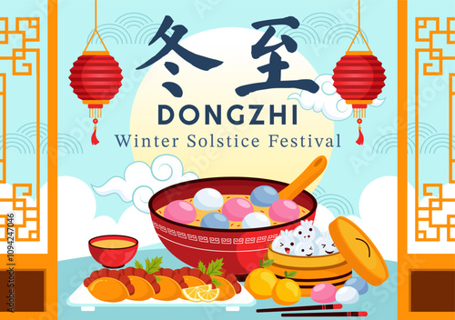 Dongzhi Festival Translation. Winter Solstice Festival Vector Illustration featuring Chinese Foods Tangyuan and Jiaozi in a Traditional Background