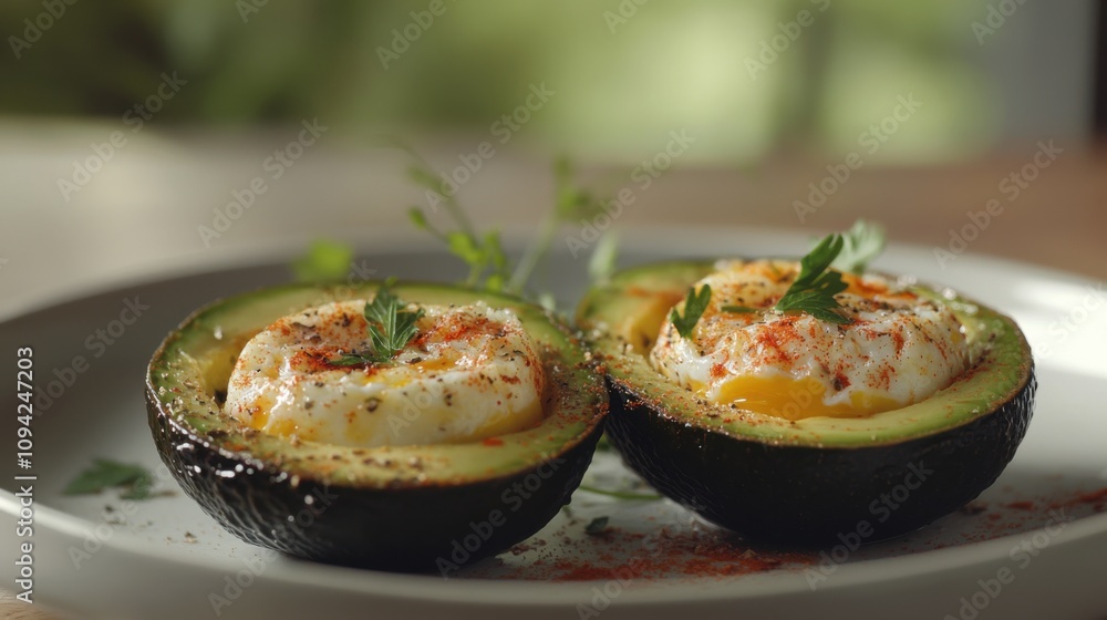 Baked Eggs in Avocado Cups Two avocado halves filled with background Baked Eggs in Avocado Cups Two avocado halves filled with background