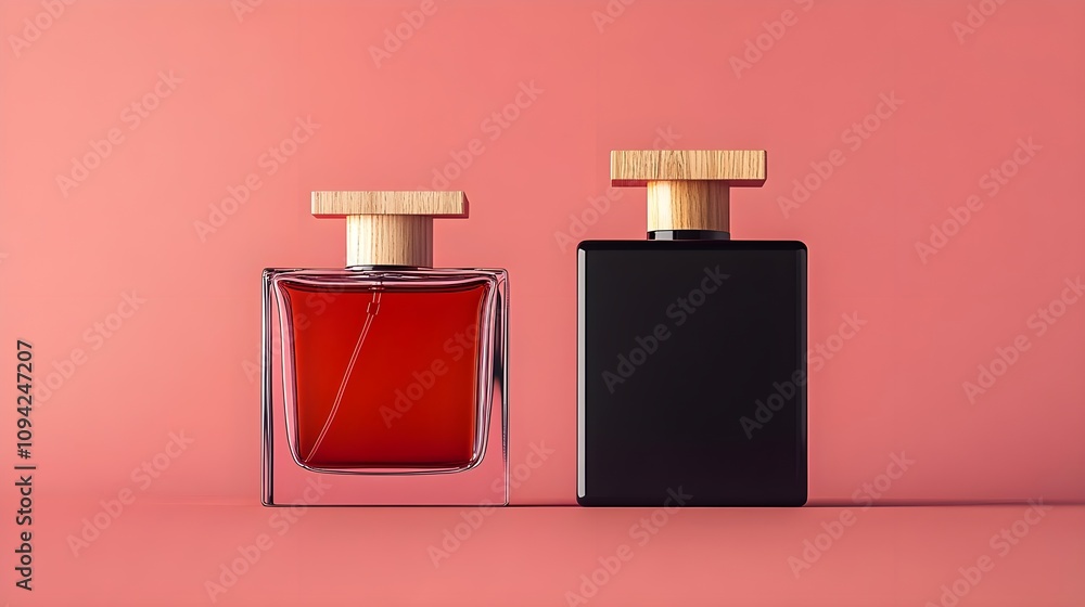 Elegant Pair of Fragrance Bottles on a Soft Coral Background Showcasing Modern Design and Minimalist Aesthetics Perfect for Beauty and Lifestyle Concepts Elegant Pair of Fragrance Bottles on a Soft Coral Background Showcasing Modern Design and Minimalist Aesthetics Perfect for Beauty and Lifestyle Concepts