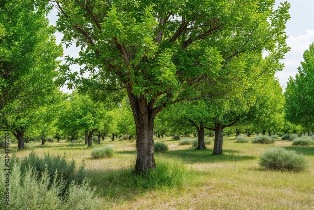 Fototapeta premium Lush Green Trees Surrounded by Vibrant Grass and Shrubs in a Scenic Grove