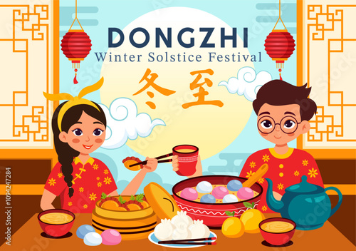Dongzhi Festival Translation. Winter Solstice Festival Vector Illustration featuring Chinese Foods Tangyuan and Jiaozi in a Traditional Background