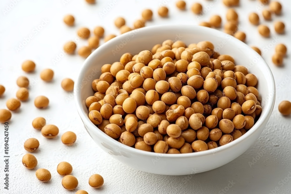 Roasted Soybeans in White Ceramic Bowl with Whole Soybeans on White Surface Roasted Soybeans in White Ceramic Bowl with Whole Soybeans on White Surface