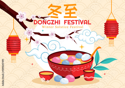 Dongzhi Festival Translation. Winter Solstice Festival Vector Illustration featuring Chinese Foods Tangyuan and Jiaozi in a Traditional Background