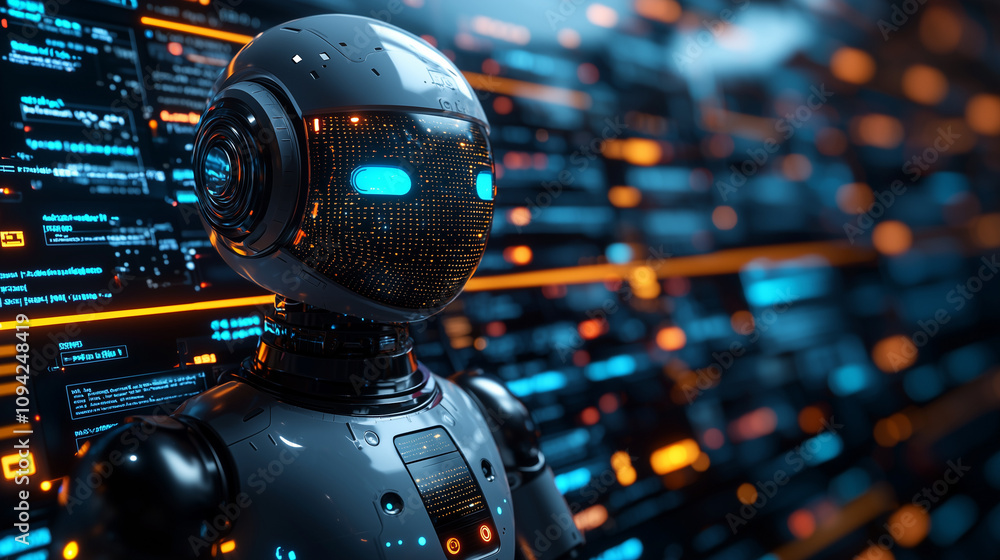 Fototapeta premium An AI-powered chatbot interacting with a customer online, utilizing a vast database to provide intelligent, real-time support and solutions.