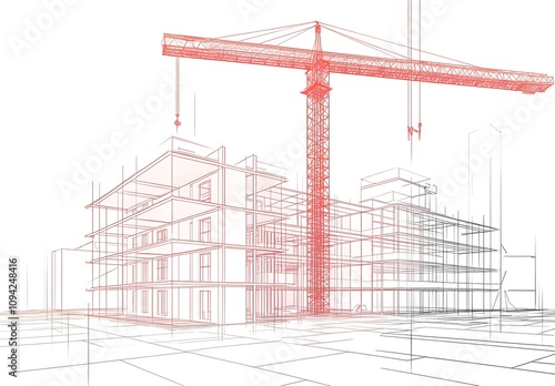 Conceptual Wireframe of a Modern Building Under Construction with Crane and Architectural Lines Illustrating Structural Elements and Design Process