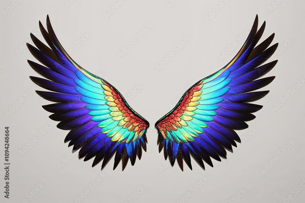 Vibrant Iridescent Wings with Colorful Feathers on a Crisp Background Vibrant Iridescent Wings with Colorful Feathers on a Crisp Background