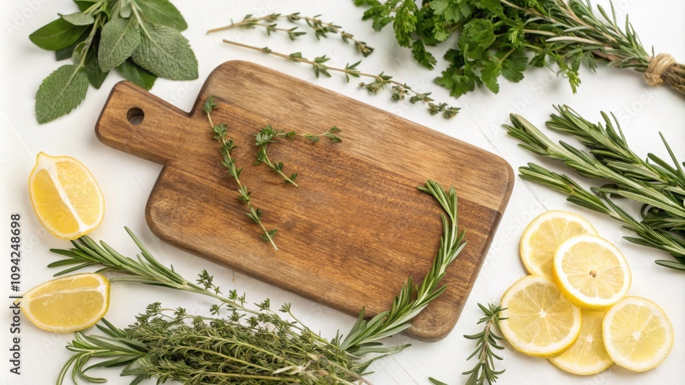 Aromatic Herbs and Citrus Slices Arranged on Wooden Cutting Board Aromatic Herbs and Citrus Slices Arranged on Wooden Cutting Board